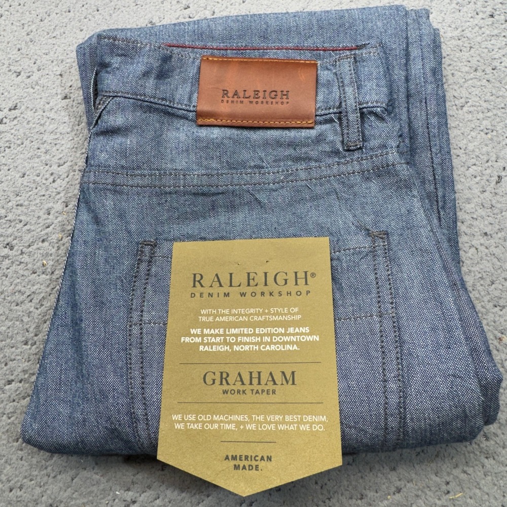 Raleigh Denim Jeans Mens 30x35 Blue Graham Chambray Pants Trouser Work Taper New